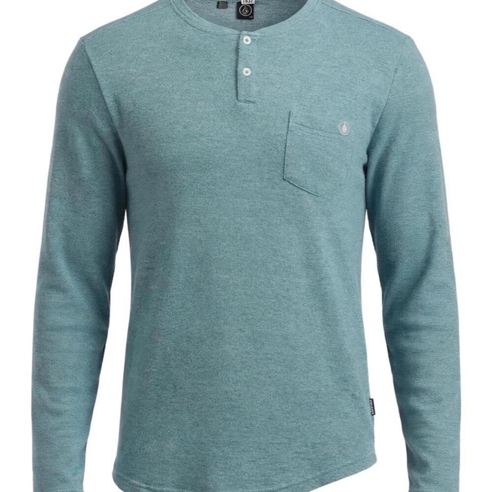 Volcom Henley Shirt Mens L Teal Heather Long Sleeve Pocket Thermal